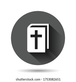 Bible book icon in flat style. Church faith vector illustration on black round background with long shadow effect. Spirituality circle button business concept.