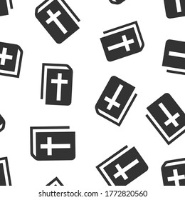 Bible book icon in flat style. Church faith vector illustration on white isolated background. Spirituality seamless pattern business concept.