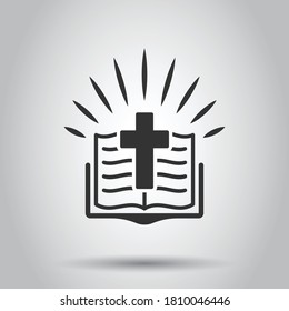 Bible book icon in flat style. Church faith vector illustration on white isolated background. Spirituality business concept.