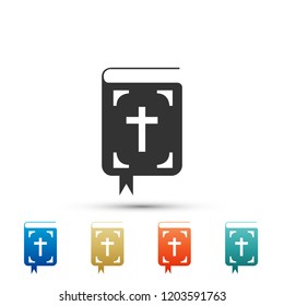Bible book icon isolated on white background. Holy Bible book sign. Set elements in colored icons. Flat design. Vector Illustration