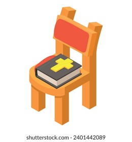 Bible book icon isometric vector. Hardcover bible with picture of cross on chair. Fith, religion, ritual, ceremony