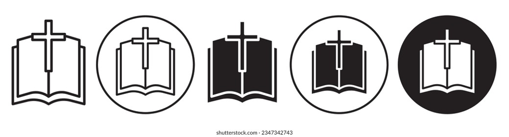 Bible Book symbol Icon set collection in flat outlined style logo. Vector sign of faith in god spirituality education learning in church. Cristian catholic holy cross Jesus  Christ bookstore design. 