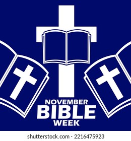 Bible books icon with a cross and bold text on dark blue background to celebrate Bible Week on November