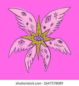 Bíblia cartoon rosa preciso anjo desenhado à mão doodle ilustração psicodélica com muitos olhos clipart isolado no fundo branco. Perfeito para impressão de tatuagem, adesivo ou camiseta e muito mais. Não tenha medo