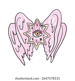 Bíblia cartoon rosa preciso anjo desenhado à mão doodle ilustração psicodélica com muitos olhos clipart isolado no fundo branco. Perfeito para impressão de tatuagem, adesivo ou camiseta e muito mais. Não tenha medo