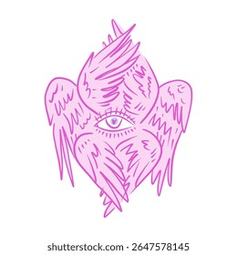 Bíblia cartoon rosa preciso anjo desenhado à mão doodle ilustração psicodélica com muitos olhos clipart isolado no fundo branco. Perfeito para impressão de tatuagem, adesivo ou camiseta e muito mais. Não tenha medo