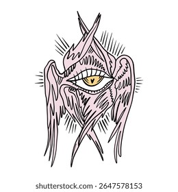 Bíblia cartoon rosa preciso anjo desenhado à mão doodle ilustração psicodélica com muitos olhos clipart isolado no fundo branco. Perfeito para impressão de tatuagem, adesivo ou camiseta e muito mais. Não tenha medo