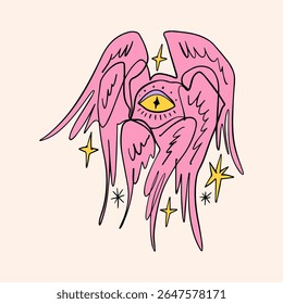 Bíblia cartoon rosa preciso anjo desenhado à mão doodle ilustração psicodélica com muitos olhos clipart isolado no fundo branco. Perfeito para impressão de tatuagem, adesivo ou camiseta e muito mais. Não tenha medo