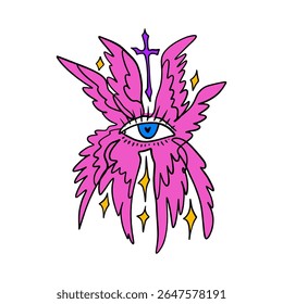 Bíblia cartoon rosa preciso anjo desenhado à mão doodle ilustração psicodélica com muitos olhos clipart isolado no fundo branco. Perfeito para impressão de tatuagem, adesivo ou camiseta e muito mais. Não tenha medo