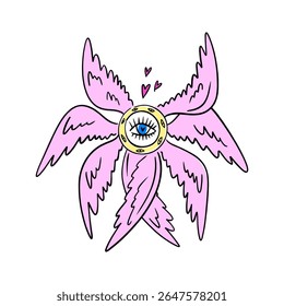 Bible cartoon pink accurate angel hand-drawn doodle psychedelic illustration with many eyes isolated clipart on white background. Perfect for tattoo or sticker or t shirt print and more. Be not afraid