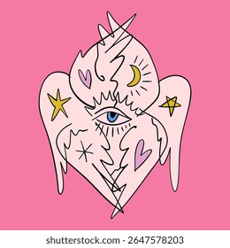 Bible cartoon pink accurate angel hand-drawn doodle psychedelic illustration with many eyes isolated clipart on white background. Perfect for tattoo or sticker or t shirt print and more. Be not afraid
