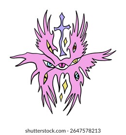 Bíblia cartoon rosa preciso anjo desenhado à mão doodle ilustração psicodélica com muitos olhos clipart isolado no fundo branco. Perfeito para impressão de tatuagem, adesivo ou camiseta e muito mais. Não tenha medo