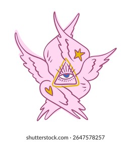 Bible cartoon pink accurate angel hand-drawn doodle psychedelic illustration with many eyes isolated clipart on white background. Perfect for tattoo or sticker or t shirt print and more. Be not afraid