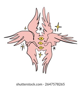 Bíblia cartoon rosa preciso anjo desenhado à mão doodle ilustração psicodélica com muitos olhos clipart isolado no fundo branco. Perfeito para impressão de tatuagem, adesivo ou camiseta e muito mais. Não tenha medo