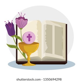 bible with chalice and holy host to first communion
