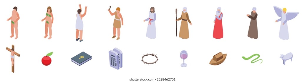 Bible character icons set. This isometric icon set represents characters and elements from famous biblical stories