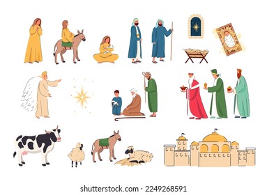 Bible characters. The birth of Jesus vector illustration set. Christ birth in manger, virgin Mary. Christmas scene of baby Jesus in the manger with big Bethlehem star,  three wise men and shepherds.