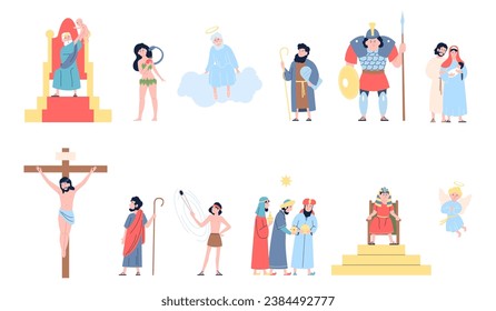 Bible characters. Holy historical and mythologies people, christian religion person and myphs. Isolated flat jesus christ, recent vector church symbols