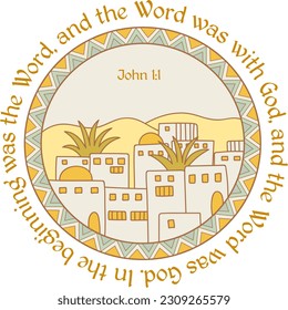 Bible for children illustration. John 1:1 NIV biblical verse around ancient city 