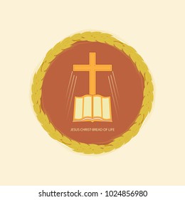 The Bible and the Christian cross in edging made from wheat ears. Vector logo for Christian churches.