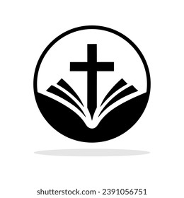 Bible with Christian cross icon. Black religious symbol. Christian church symbol. Vector illustration.