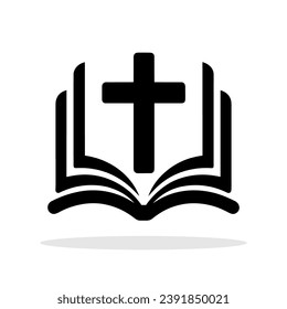 Bible with Christian cross icon. Black religious symbol. Christian church symbol. Vector illustration.