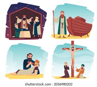 Bible Christian narratives set , flat vector illustration isolated on white background. Christian religious banners or posters collection with Bible prophets and heroes.