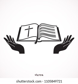 Bible Church logo. the name of the mission. Bible Society. Icon isolated on white bockground, vector. in the hands of the Bible.