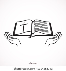 Bible Church logo. the name of the mission. Bible Society. Icon isolated on white bockground, vector. in the hands of the Bible.