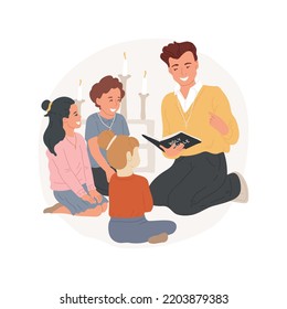 Bible Classes Isolated Cartoon Vector Illustration. Teacher Reads Bible Story, Kids Sitting In Circle Listening, Religious Education, Sunday School, Teaching Biblical Values Vector Cartoon.