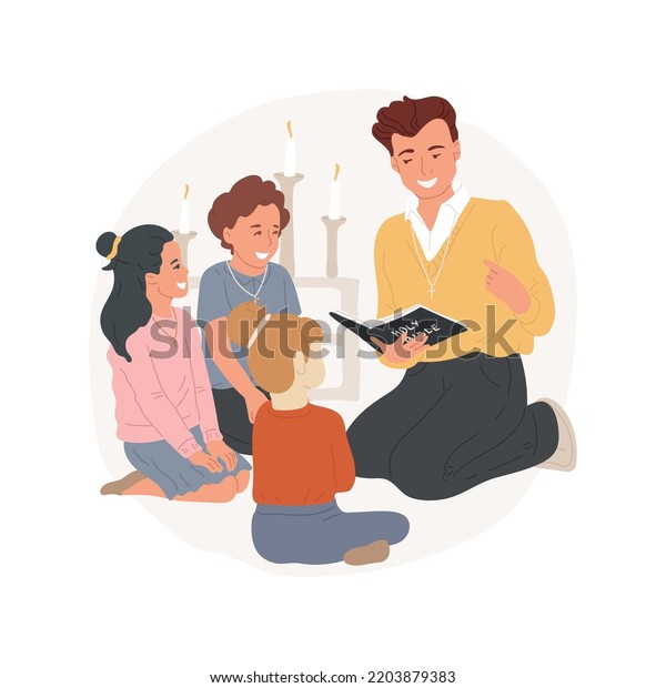Bible classes isolated cartoon vector\
illustration. Teacher reads Bible story, kids sitting in circle\
listening, religious education, Sunday school, teaching biblical\
values vector cartoon.