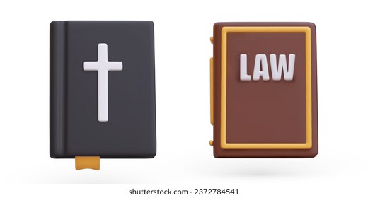 Bible and collection of laws. Fundamental legal books of Christians. Legal code. Isolated realistic images on white background. Vector color icons. Human and God laws