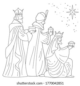 Bible coloring page  Nativity scene  Three wise kings card  3 magi men bringing gifts to Jesus  Christian religious illustration  Happy epiphany day line art design for coloring book  Vector 