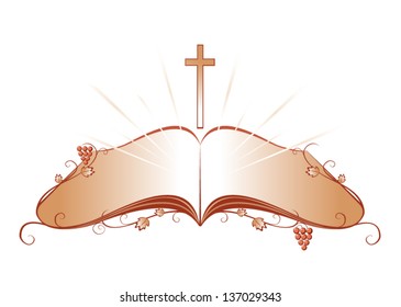 Bible with cross above it and grapevine. Vector