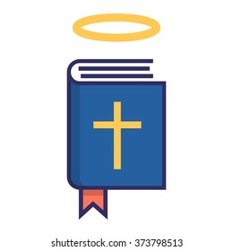 Bible with cross and halo, holy bible. Flat vector icon. Red, blue, yellow, black colors on white background.