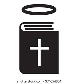 Bible with cross and halo, holy bible. Flat vector icon on white background.