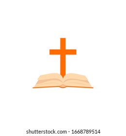 Bible with a cross icon isolated on white background. Gospel book. Flat logo design. Vector illustration. 