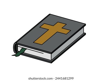 Eine Bibel mit einem Kreuz auf dem Deckel. Eine einfache Darstellung. Ein Bild der Heiligen Bibel mit einem Lesezeichen zwischen den Seiten