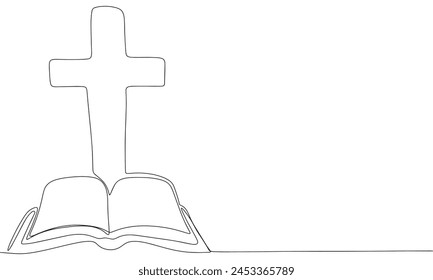 Biblia y cruza una línea continua. Línea de arte cruz y biblia. Arte vectorial dibujado a mano.