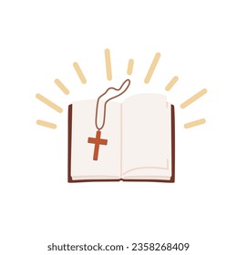 Bibel und Kreuz. Eröffnete das Heilige Buch der Christen. Flache Vektorgrafik