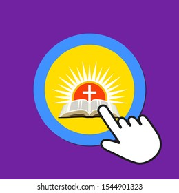 Bible with cross over sunset icon. Resurrection, Easter concept. Hand Mouse Cursor Clicks the Button. Pointer Push Press