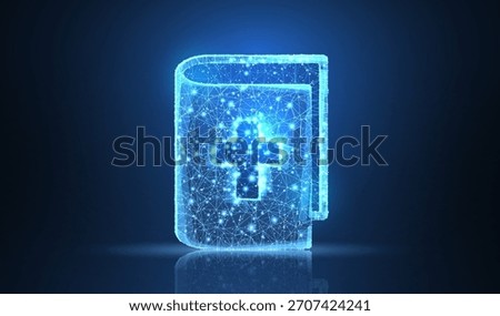 Bible with cross. Polygonal wireframe mesh on blue with dots, stars. Christianity, religion symbol, illustration or background