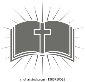 The Bible and the cross with rays. Black and white illustration on religious theme in vector