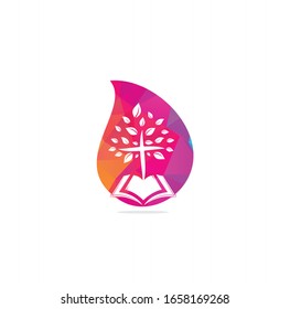 Bible Cross Tree Church Logo Design. Bible church drop shape concept logo	