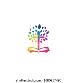 Bible Cross Tree Church Logo Design.