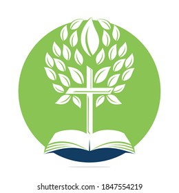 Bible Cross Tree Logo Design. Christian Church Tree Cross  Vector Template Design.