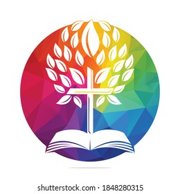 Bible Cross Tree Logo Design. Christian Church Tree Cross  Vector Template Design.