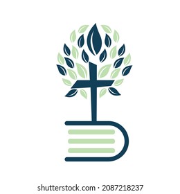 Diseño del logotipo del árbol cruzado de la biblia. Diseño de plantillas de vectores cruzados de árboles de iglesias cristianas.