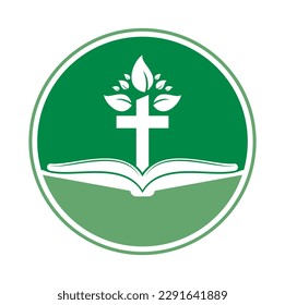 Diseño del logotipo del árbol cruzado de la biblia. Diseño de plantillas de vectores cruzados de árboles de iglesias cristianas.