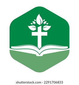 Bible Cross Tree Logo Design. Christian Church Tree Cross Vector Template Design.